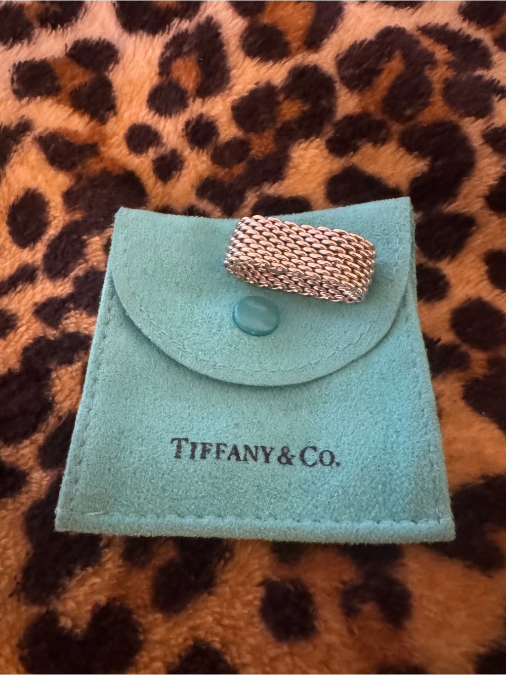 Tiffany & Co. Silver Mesh Ring with Signature Blue-Green Pouch